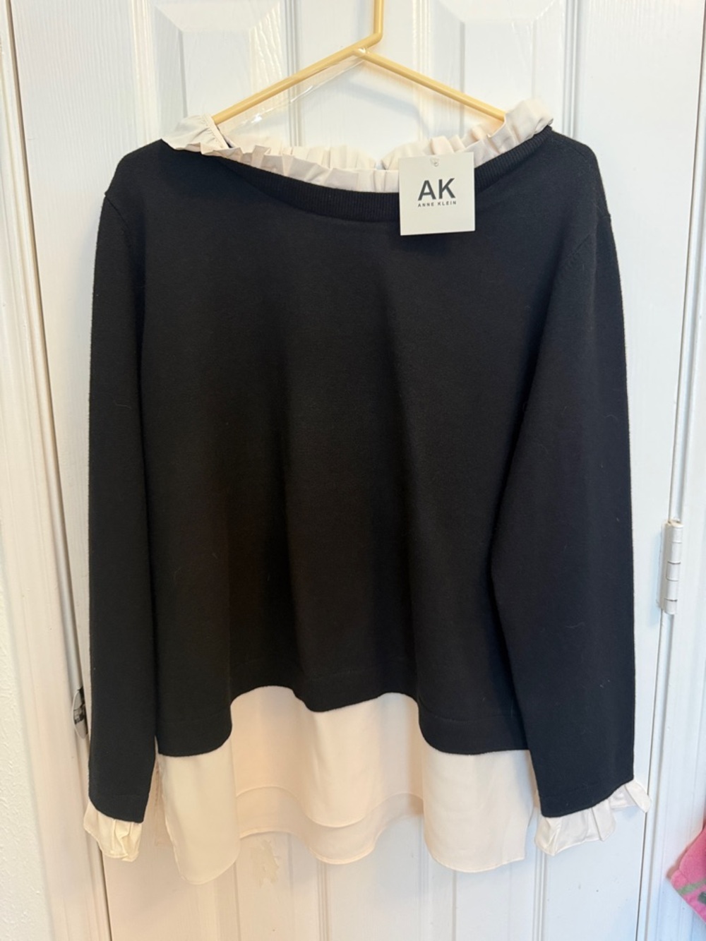 Anne Klein Black Sweater with Cream Ruffle Trim